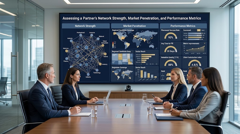 Executive team evaluating a talent partner’s network strength, market penetration, and performance metrics through a data-driven dashboard with candidate reach, placement results, and regional influence.