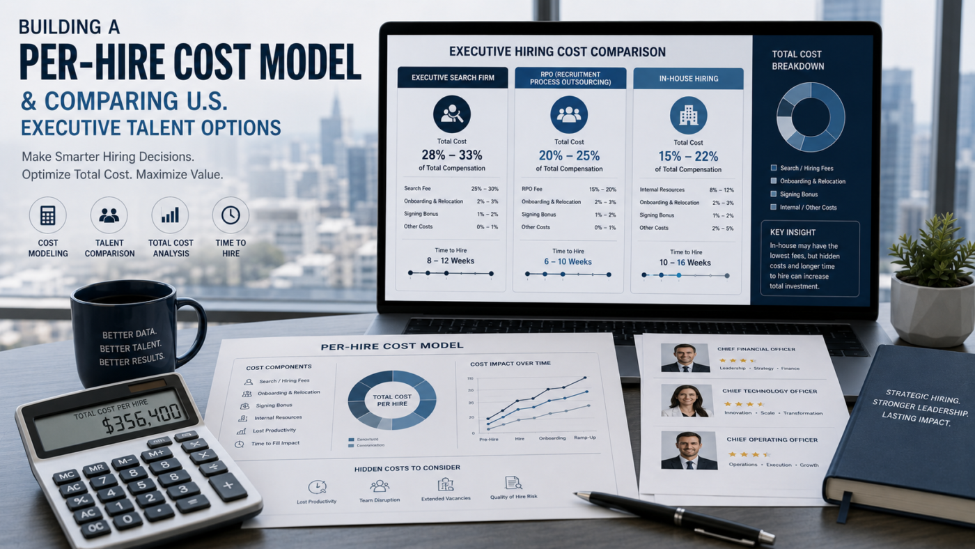 Business illustration of a per-hire cost model comparing U.S. executive talent options with charts, calculators, and hiring data.