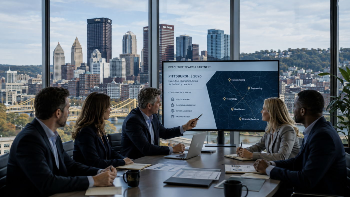 Pittsburgh skyline with executive search consultants reviewing 2026 employer guide, highlighting top executive search firms, retained search, and leadership hiring across Western Pennsylvania