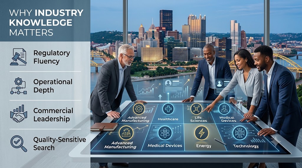 Pittsburgh executive talent market across manufacturing, healthcare, life sciences, medical devices, and technology, showing why industry specialization matters for hiring senior leaders.