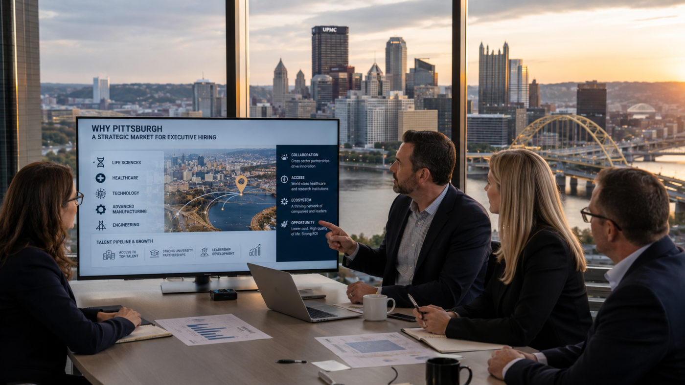 Pittsburgh skyline and corporate leaders illustrating why the city is a strategic market for executive hiring, with growing life sciences, healthcare, technology, and manufacturing sectors.