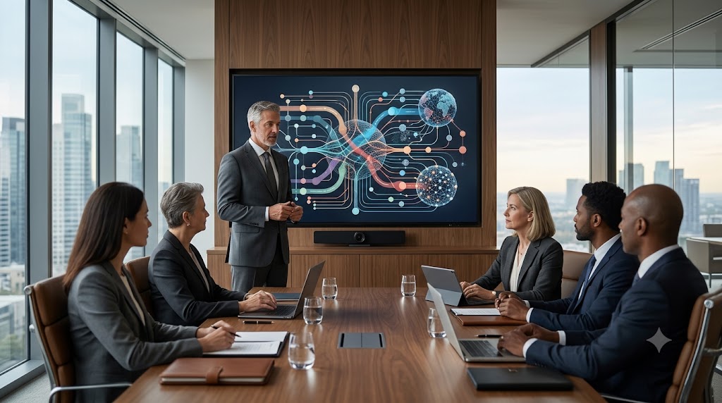 Executive search consultant presenting a senior leadership hiring strategy to company executives in a modern corporate boardroom.