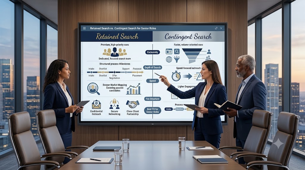 Executive hiring leaders comparing retained search and contingent search models for senior roles, with fee structure, priority level, and search process differences displayed on a boardroom dashboard.