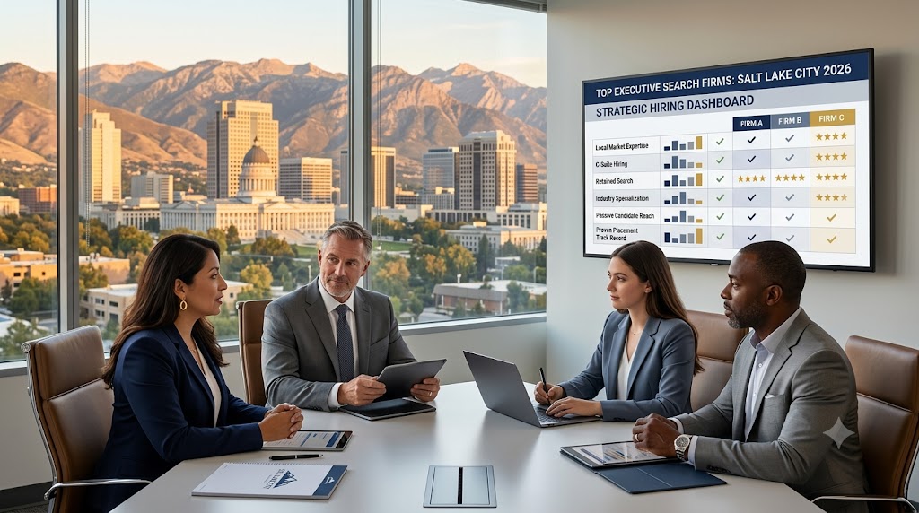 Salt Lake City skyline with executive search consultants and employers reviewing top executive search firms, leadership hiring strategy, and 2026 recruitment guidance for Utah businesses.