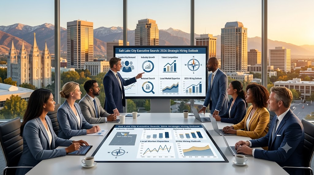 Salt Lake City skyline with executive recruiters and employers reviewing the 2026 executive search outlook, highlighting leadership hiring strategy and market opportunities in Utah.