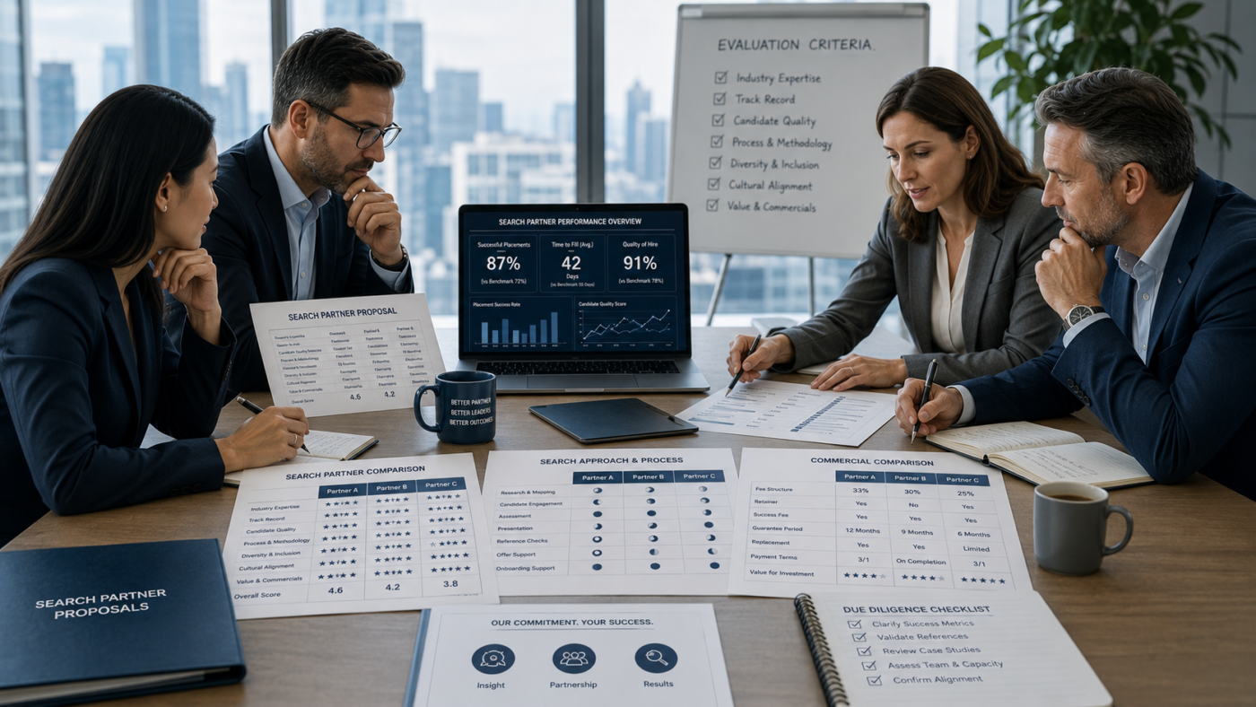 Business team evaluating search partner proposals with documents, charts, and a comparison checklist during a strategic due diligence review.