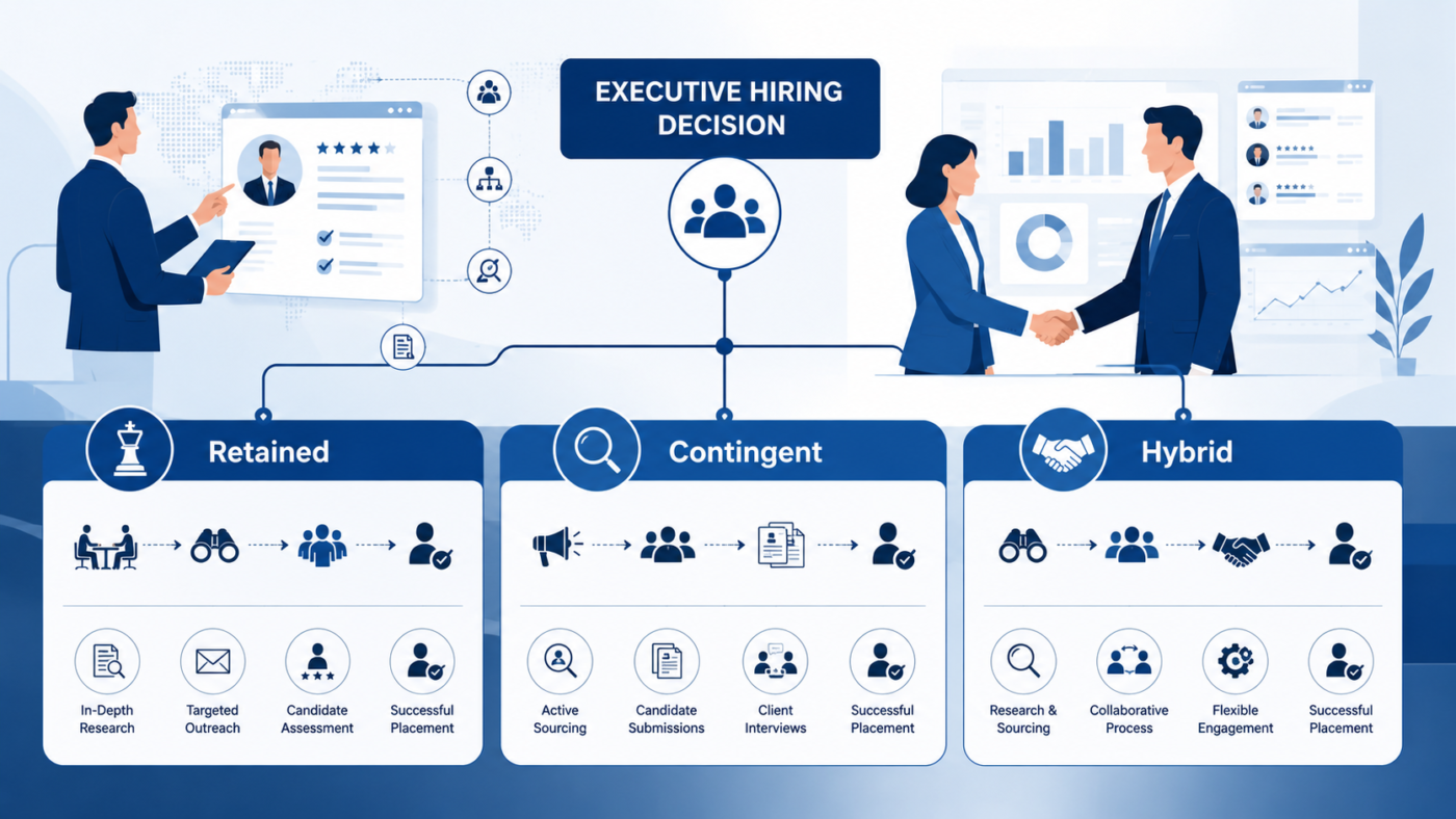 Illustration comparing retained, contingent, and hybrid executive search engagement models in a professional hiring strategy context
