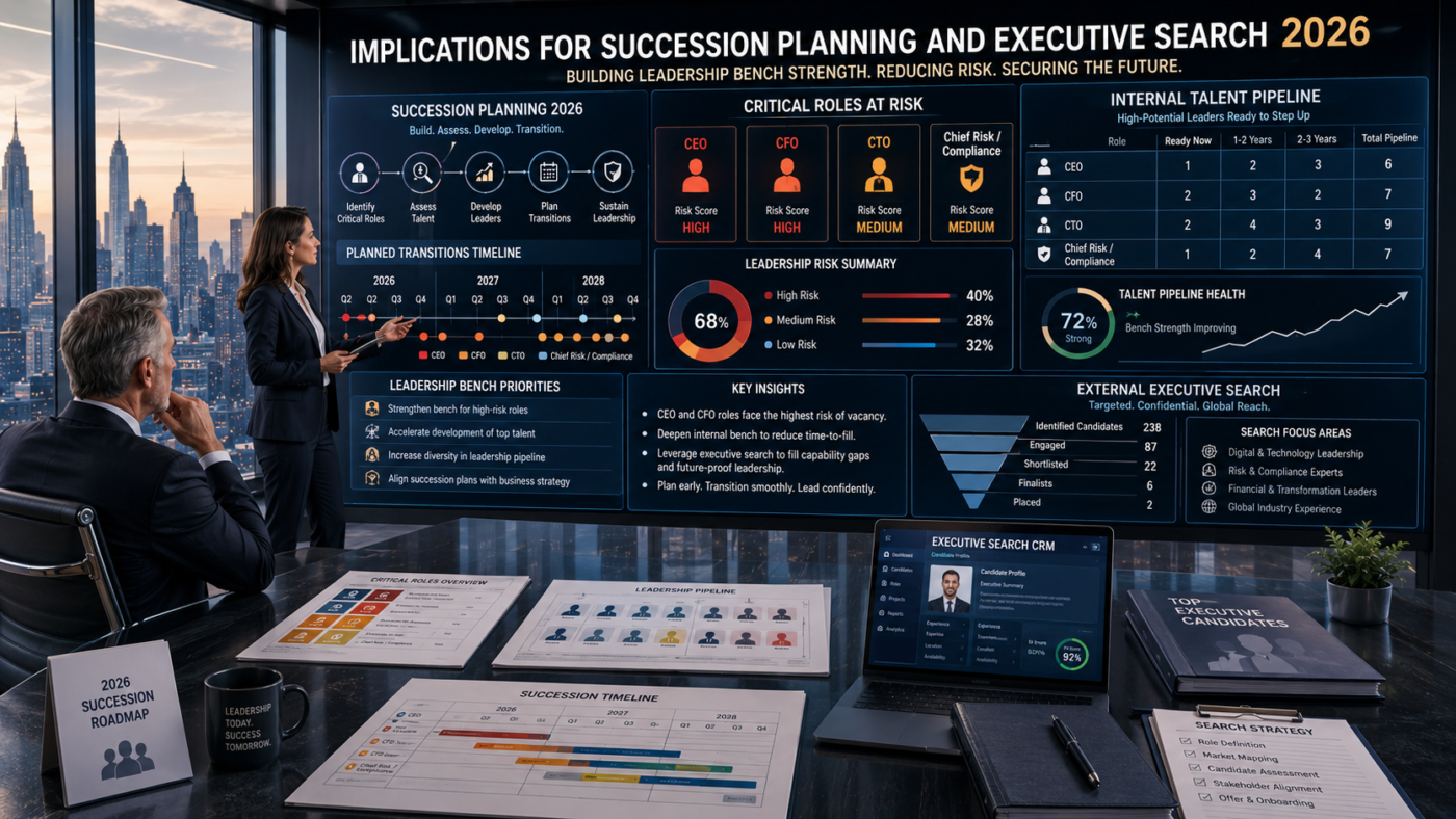 Board chair and executive search consultant reviewing a digital succession planning dashboard that maps critical C‑suite roles, internal high‑potential talent, and external executive search pipelines in response to 2026 volatility in AI, regulation, and markets.