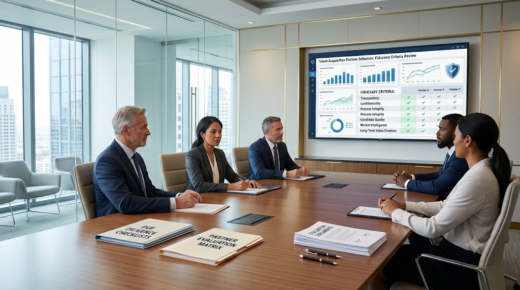Executive hiring leaders evaluating a talent acquisition partner against fiduciary criteria, including transparency, governance alignment, candidate quality, and long-term value creation.