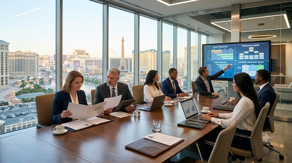 Executive search consultants meeting with business leaders in a modern Las Vegas office overlooking the skyline, representing executive recruitment and leadership hiring in Las Vegas.