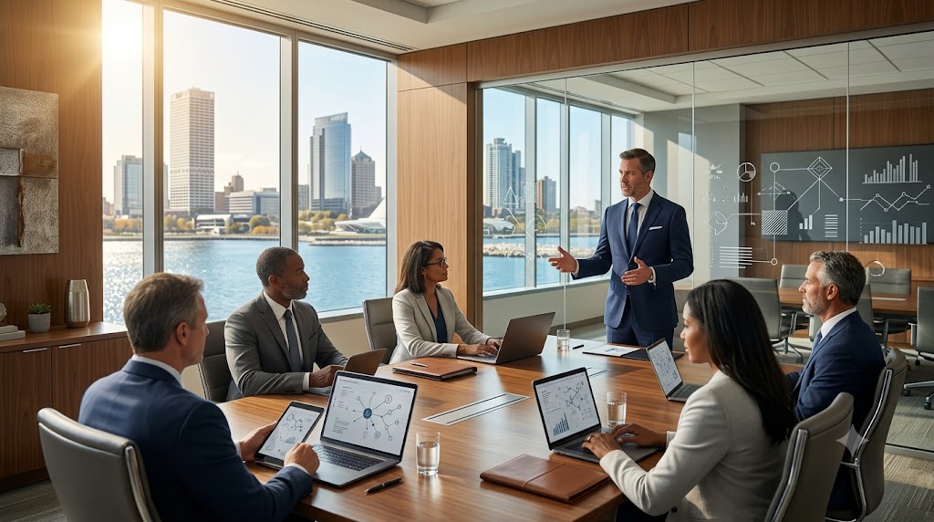 Executive search consultants meeting with company leaders in a modern Milwaukee boardroom overlooking the downtown skyline and Lake Michigan.