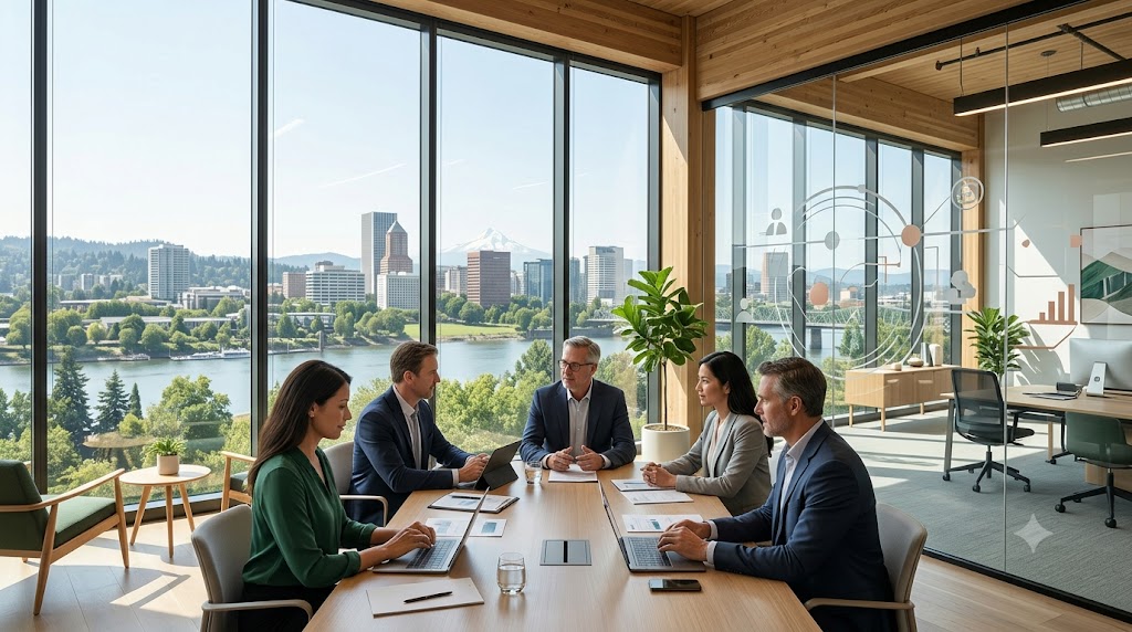 Executive recruiters and company leaders discussing senior leadership hiring in a modern Portland office with the city skyline and surrounding mountains visible in the background.