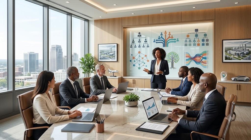 Executive search consultants presenting a senior leadership recruitment strategy to company executives in a modern Alabama corporate boardroom.