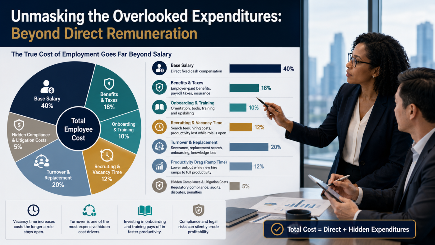 Corporate finance leader reviewing a visual breakdown of total employment costs—direct pay, benefits, turnover, onboarding, hidden compliance fines, and productivity drag—infographic-style landscape for 2026 HR and CFO planning.