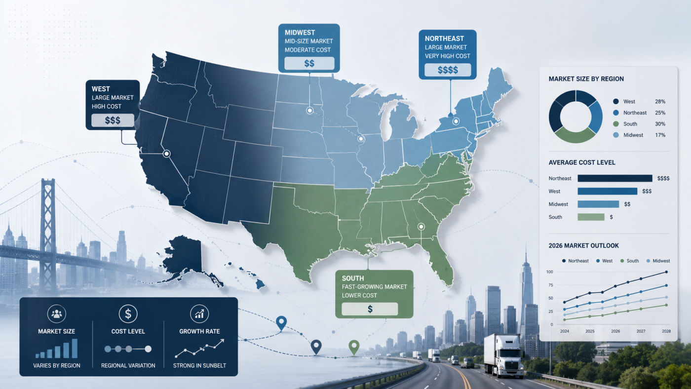 Editorial map-style illustration showing US regions, market size differences, and business cost variation across geographic areas.