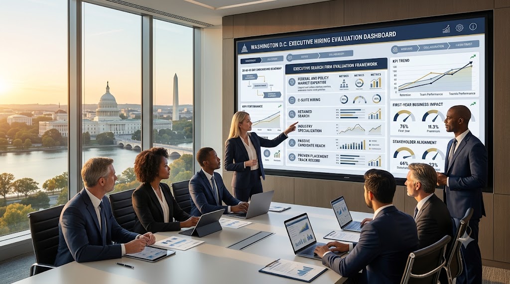 Washington, D.C. skyline with executive search consultants and employers reviewing top executive search firms, leadership hiring strategy, and 2026 recruitment guidance for the capital region.