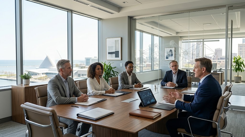 Company executives evaluating an executive search firm's expertise during a strategic hiring meeting in a modern Milwaukee corporate office.