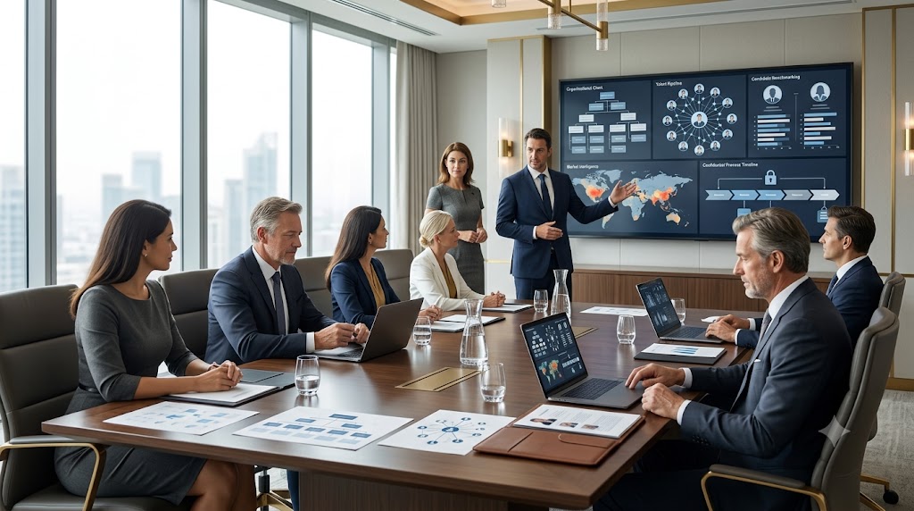 Senior business executives evaluating an executive search firm's expertise through candidate assessments, hiring strategy, and leadership recruitment planning in a modern boardroom.