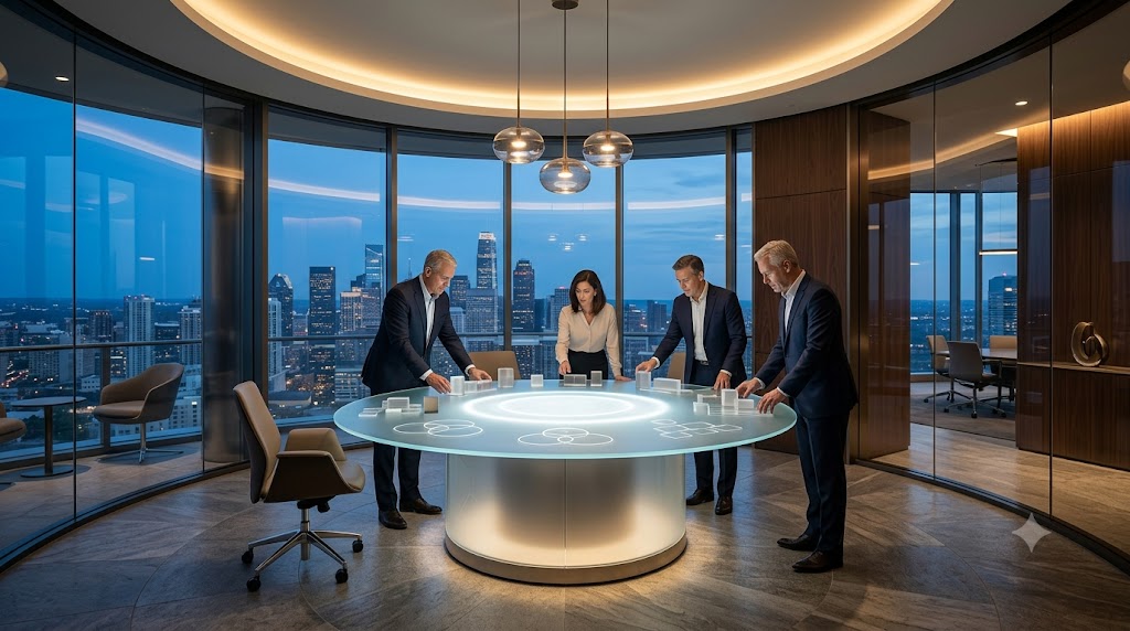 Executive leadership team evaluating strategic business models using interactive planning tools in a modern executive strategy studio.
