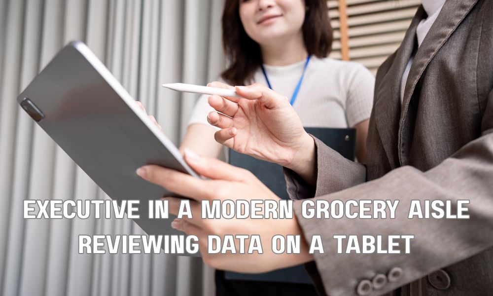 Executive In A Modern Grocery Aisle Reviewing Data On A Tablet