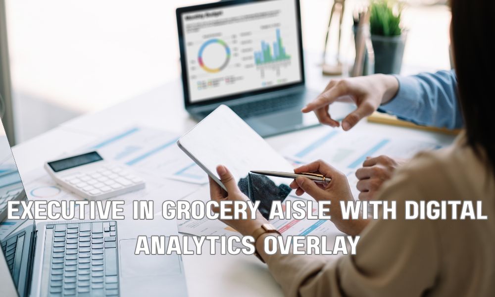 Executive In Grocery Aisle With Digital Analytics Overlay