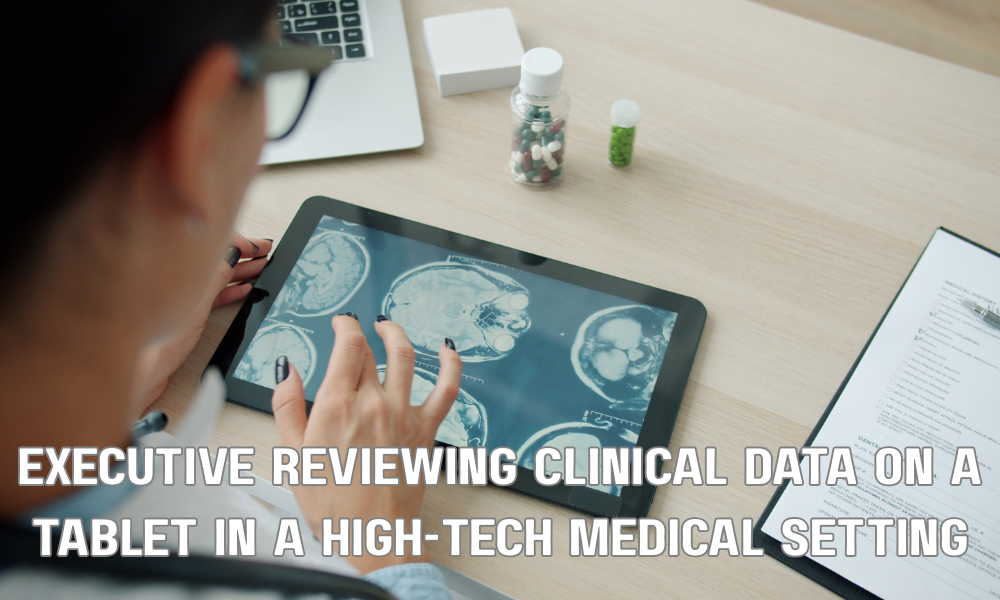 Executive Reviewing Clinical Data On A Tablet In A High Tech Medical Setting
